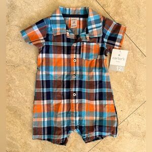 Carter's Orange & Blue 12M Plaid Short Sleeve Romper Onsie